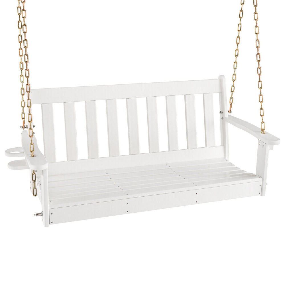 White 54-inch HDPE patio porch swing with cup holder, featuring slatted design and rustproof chains for outdoor use.