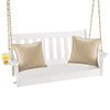 54-inch white HDPE patio porch swing with two cushions and a cup holder, designed for outdoor comfort and durability.