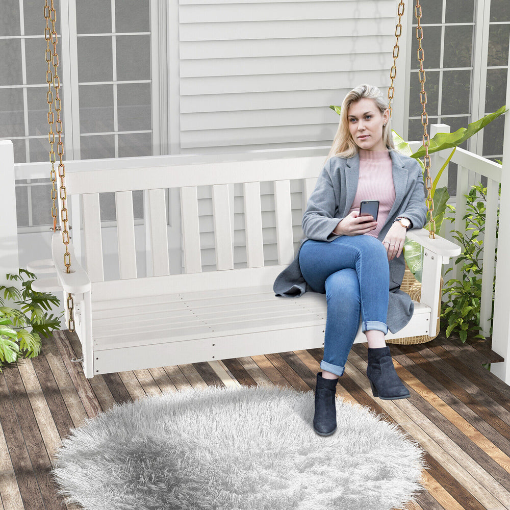 54-inch white HDPE patio porch swing with cup holder, featuring a slatted design and weather-resistant material for.