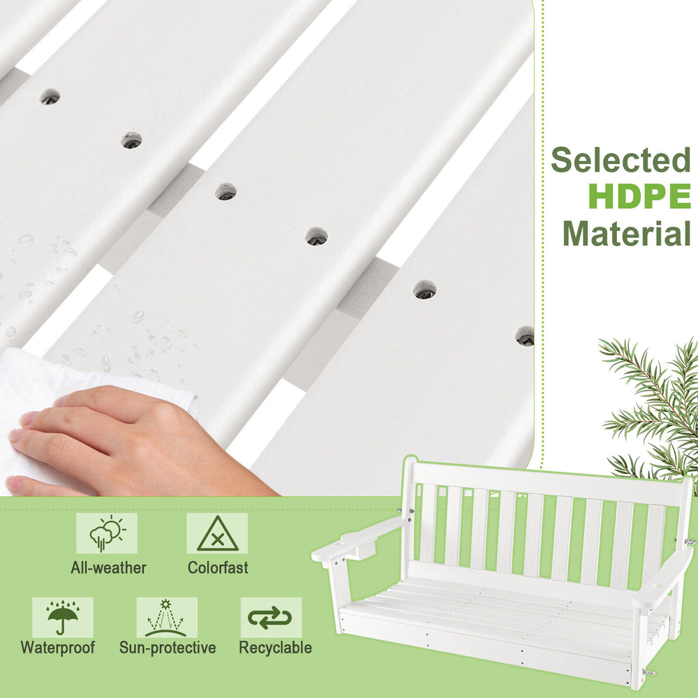 White 54-inch HDPE patio porch swing with slatted design, waterproof features, and hidden cup holder for outdoor.