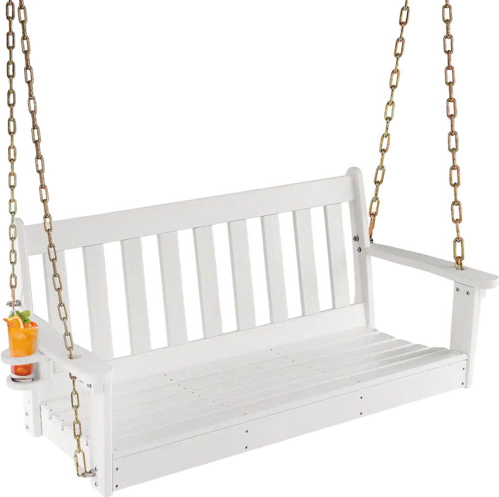 Side view of the 54-inch HDPE patio porch swing in white, highlighting the spacious seating for two and sturdy.