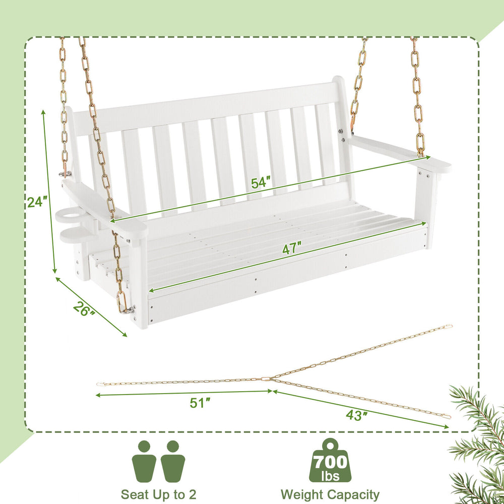54-inch white HDPE patio porch swing with cup holder, designed for 2, featuring a slatted design and rustproof chains.