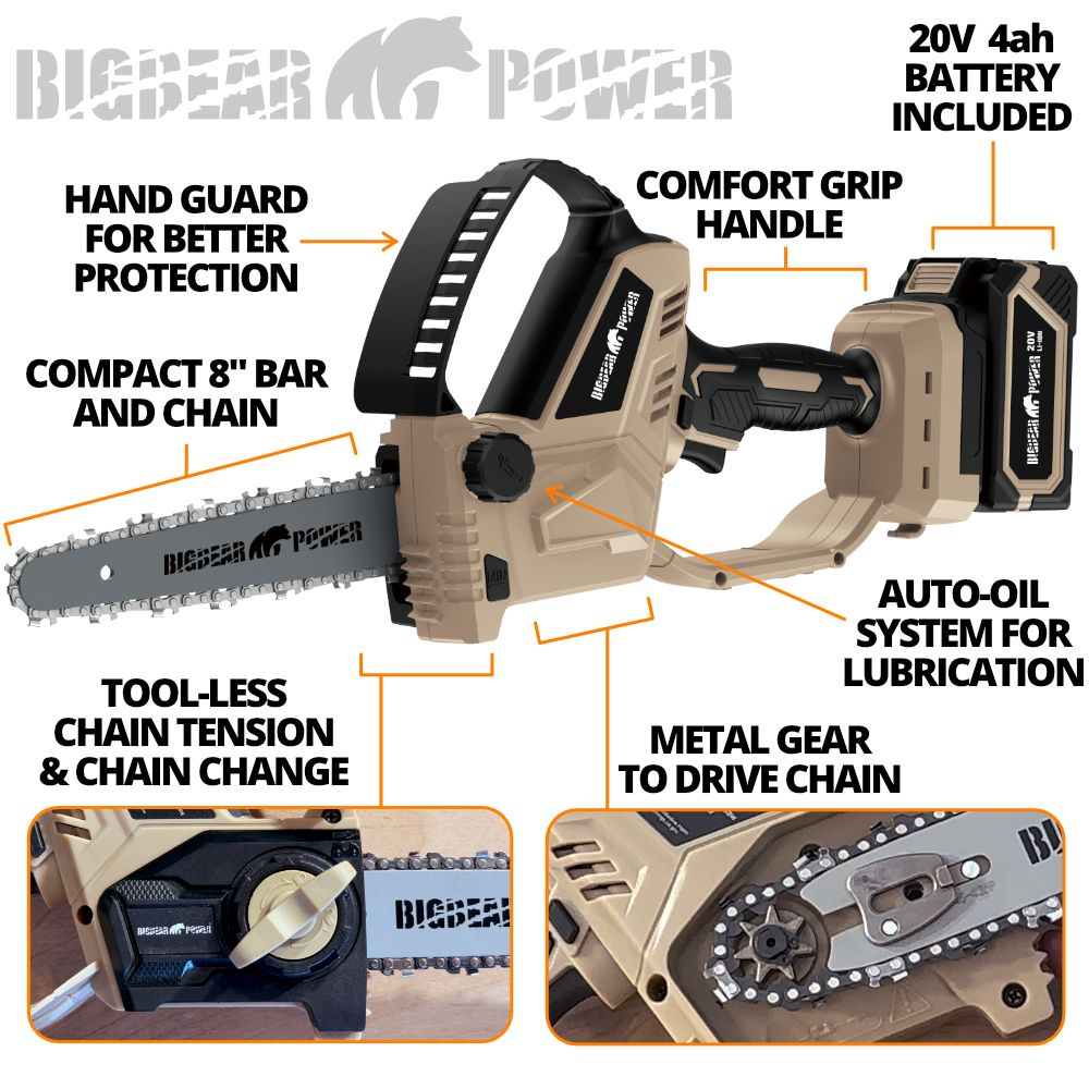 BigBear Power BB38 Compact Chainsaw Kit 8" Bar 4Ah 20V Brushless New