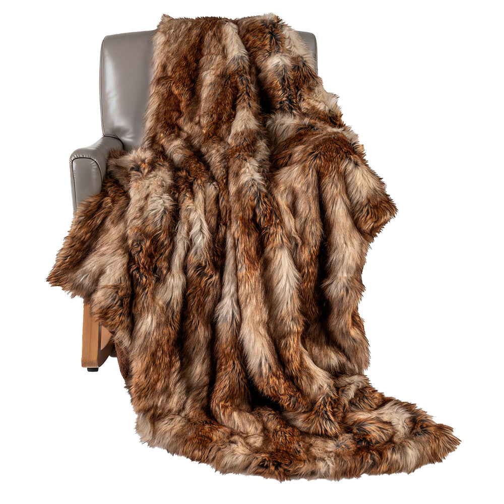 Luxurious 540GSM faux raccoon fur blanket draped over a chair, featuring a soft, dense texture for cozy warmth.
