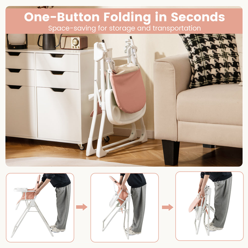 Compact highchair in pink with one-button folding feature, removable tray, and adjustable footrest for easy storage.