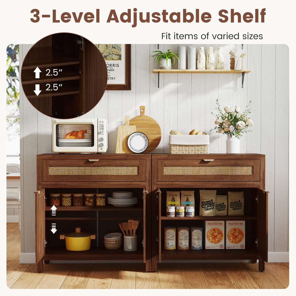 Sideboard storage cabinet with rattan doors, featuring a spacious top, large drawer, and adjustable shelf for versatile.