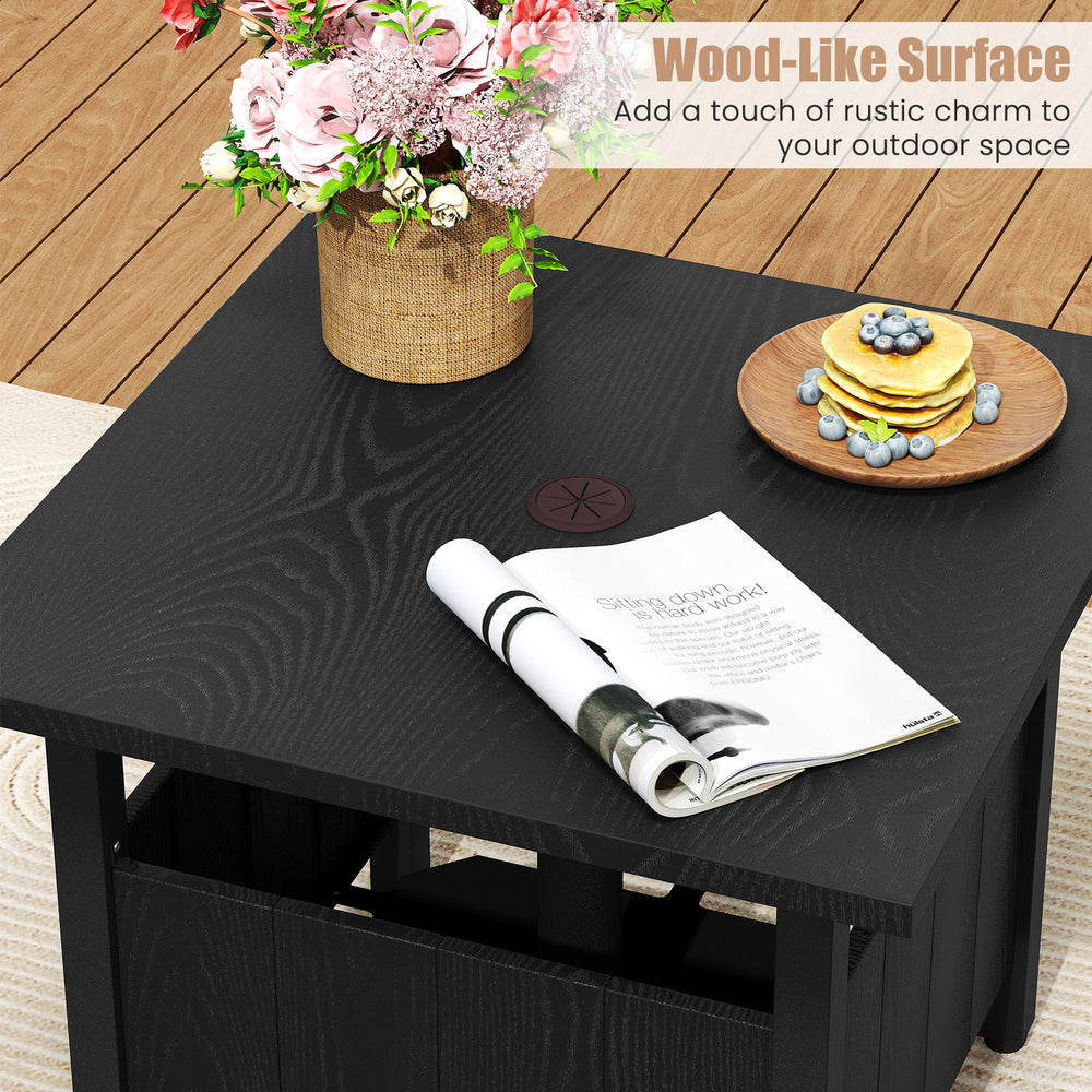 Black outdoor side table with wood-like surface, 1.89" umbrella hole, ideal for patio and garden use.