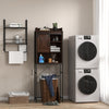 Wooden cabinet with 4 drawers and door, wall-mounted storage, clothes dryer, and bamboo laundry basket for efficient.