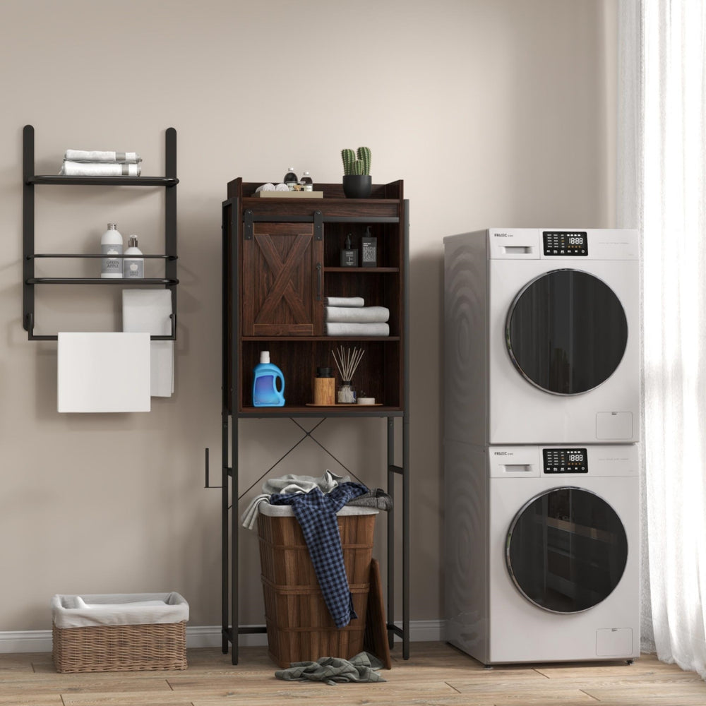 Wooden cabinet with 4 drawers and door, wall-mounted storage, clothes dryer, and bamboo laundry basket for efficient.