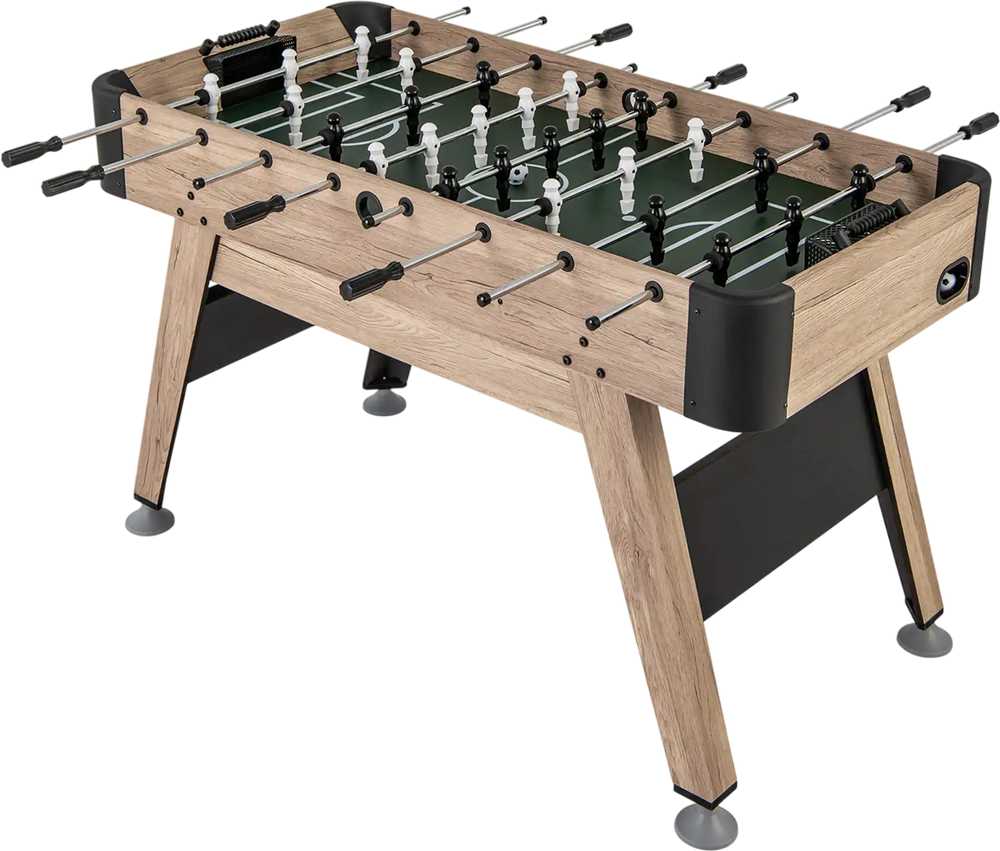 54-inch foosball table showcasing the natural wood texture and smooth surface, perfect for competitive gameplay at home.