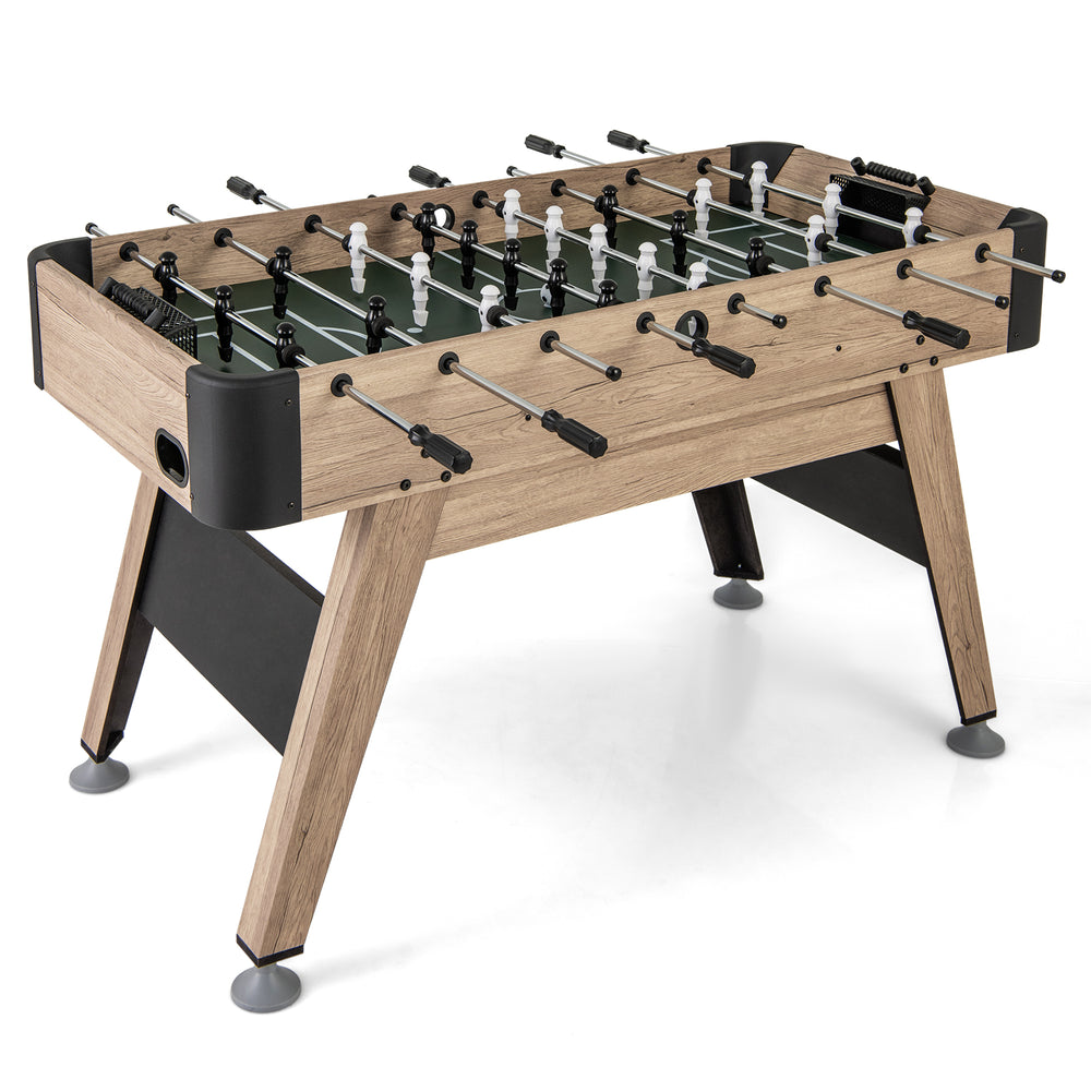 54-inch foosball table with natural wood finish, featuring 26 players and adjustable leg levelers for sturdy gameplay.