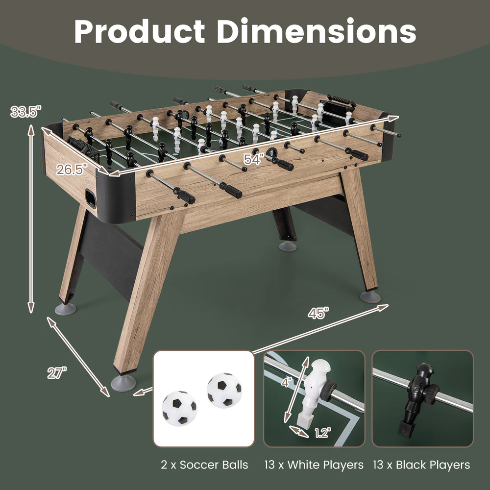 54-inch foosball table with natural finish, featuring 26 players and adjustable leg levelers for sturdy gameplay.