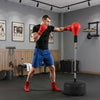 Height adjustable red punching bag with stand, designed for teens and adults, ideal for home and gym workouts.