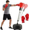 Height adjustable punching bag with reflex balls and wear-resistant gloves, ideal for home or gym training.