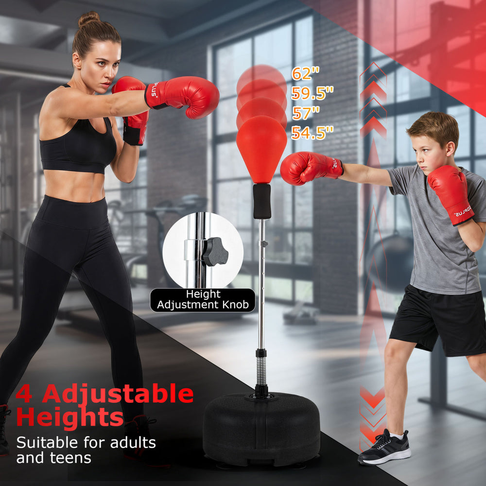 Height adjustable punching bag with a stable base, suitable for teens and adults, ideal for home or gym training.