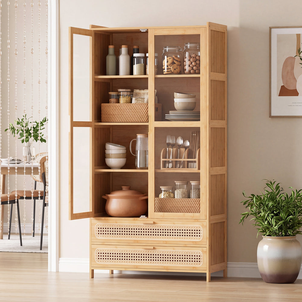 Bamboo bookshelf with 2 acrylic doors, 4 shelves, and 2 drawers for stylish storage in any room.