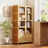 Bamboo bookshelf with 2 acrylic doors, 4 shelves, and 2 drawers, perfect for organized storage in any room.