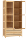 Bamboo bookshelf featuring 2 acrylic doors, 4 shelves, and 2 drawers, perfect for organized storage in any room.