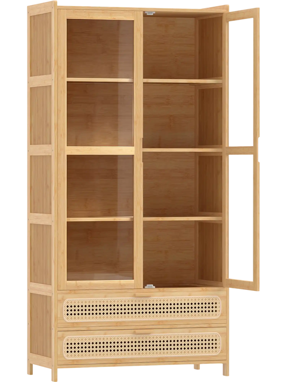 Bamboo bookshelf featuring 2 acrylic doors, 4 shelves, and 2 drawers, perfect for organized storage in any room.