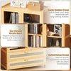 Bamboo bookshelf with 2 acrylic doors, 4 shelves, and 2 drawers, featuring a stylish rattan design for versatile storage.