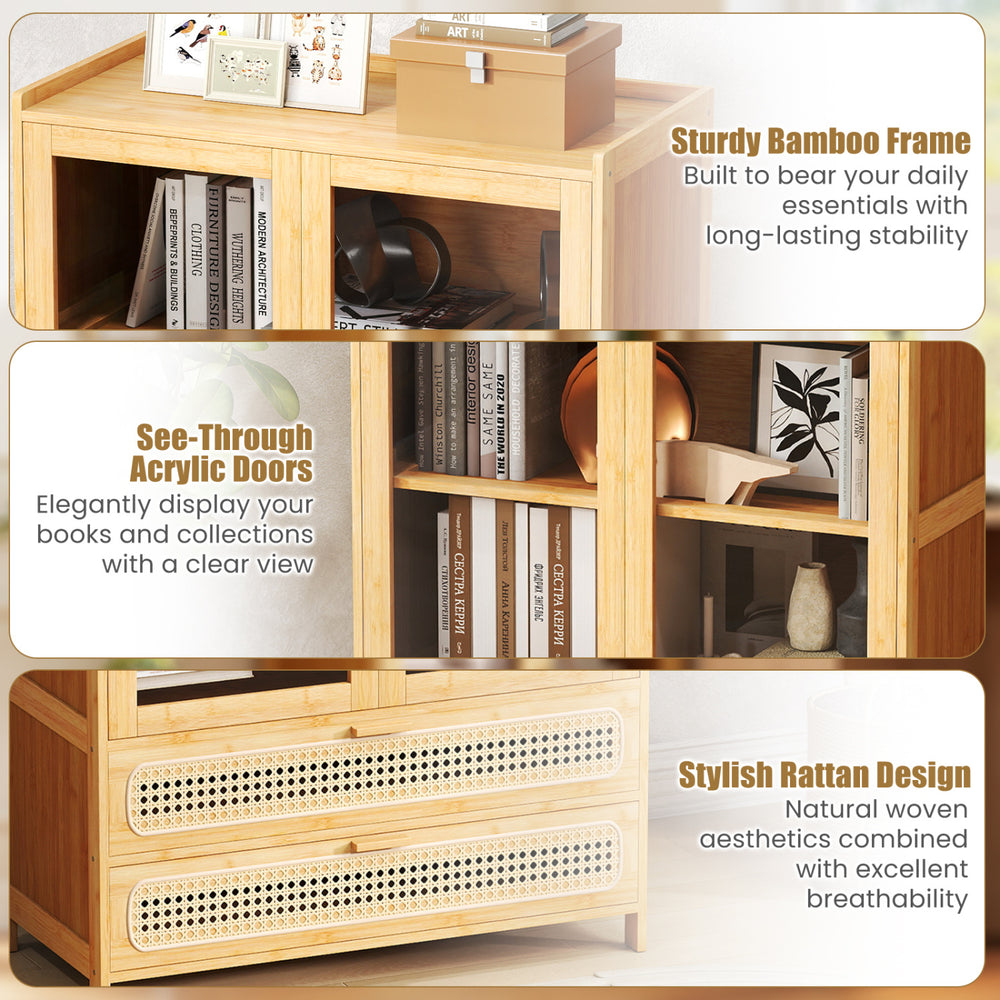 Bamboo bookshelf with 2 acrylic doors, 4 shelves, and 2 drawers, featuring a stylish rattan design for versatile storage.