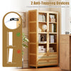 Bamboo bookshelf with 2 acrylic doors, 4 shelves, and 2 drawers, featuring anti-toppling devices for enhanced stability.