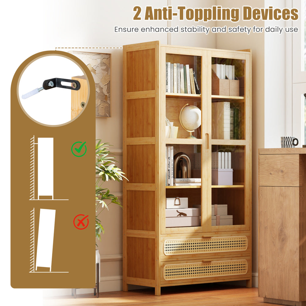 Bamboo bookshelf with 2 acrylic doors, 4 shelves, and 2 drawers, featuring anti-toppling devices for enhanced stability.