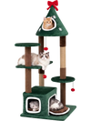 Christmas tree-shaped cat tree features 2 condos, removable cushions, and jute scratching posts for festive feline fun.