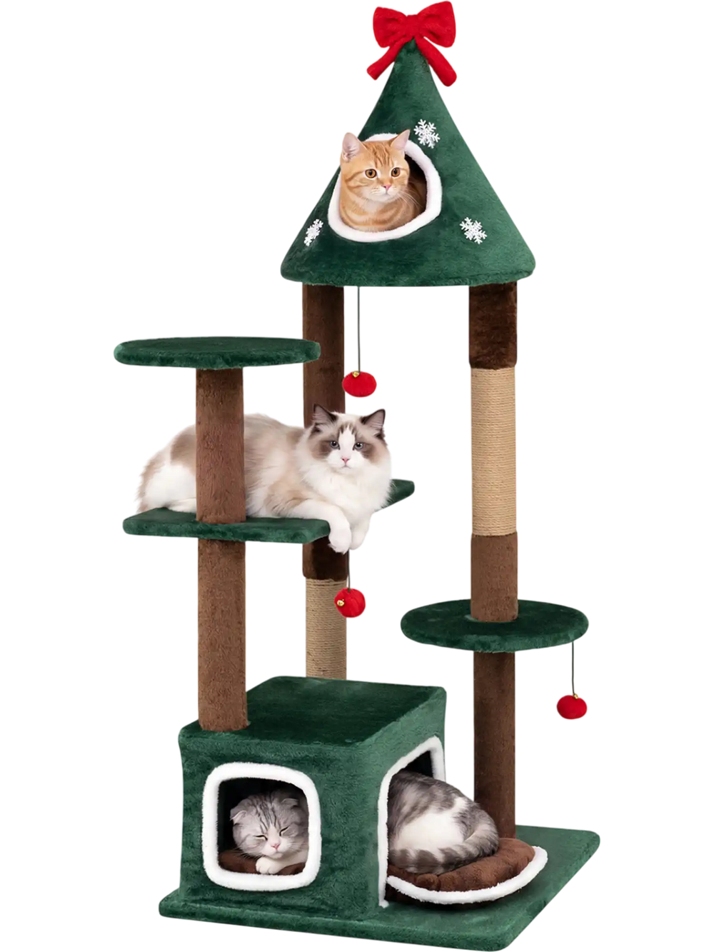 Christmas tree-shaped cat tree features 2 condos, removable cushions, and jute scratching posts for festive feline fun.