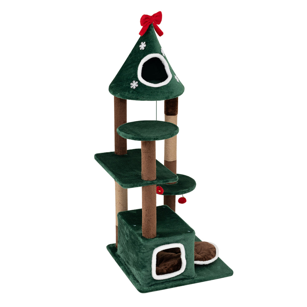 Christmas tree-shaped cat tree features two condos, jute scratching posts, and removable cushions for festive feline fun.