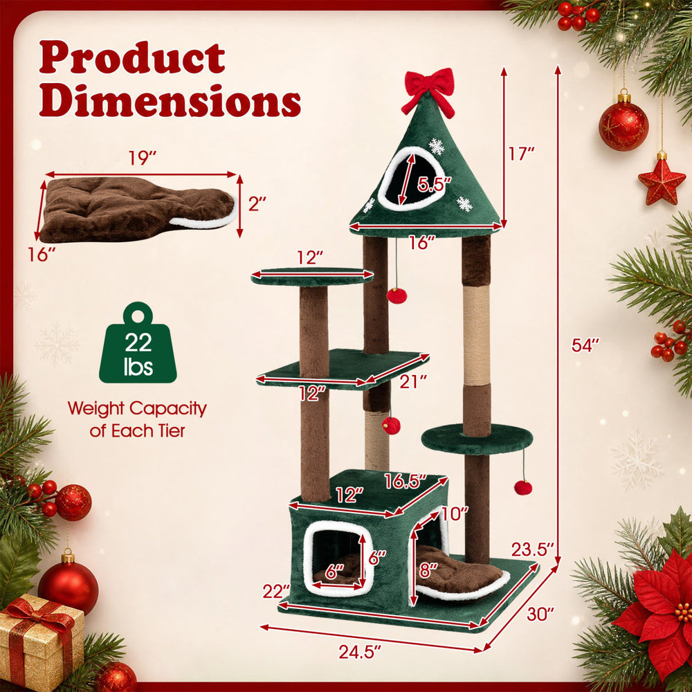 Christmas cat tree features two condos, removable cushion, and jute scratching post for festive feline fun and comfort.