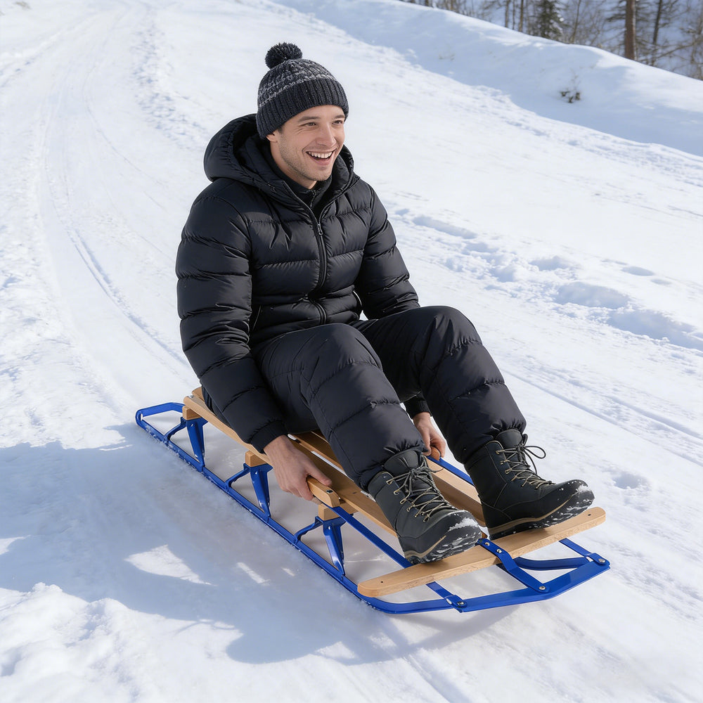 54 Inch Wood Snow Sled with Metal Runners and Steering Bar-Blue - Gallery View 1 of 10