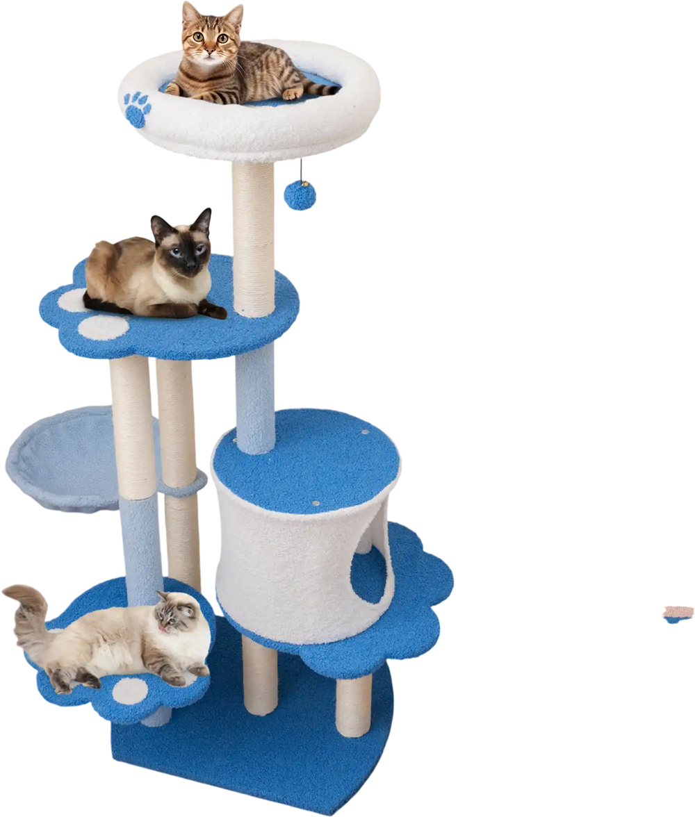 Modern 54-inch tall blue cat tree tower featuring multiple platforms, a hammock, and sisal scratching posts for indoor.