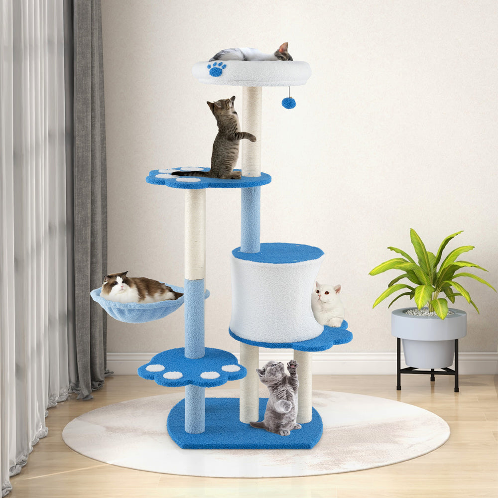 Modern 54-inch tall blue cat tree tower featuring multiple platforms, hammock, and sisal scratching posts for indoor.