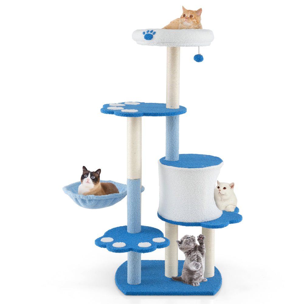 Modern 54-inch blue cat tree tower featuring a cozy hammock, plush top perch, and sisal scratching posts for indoor.