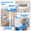 Cozy cat tree with a blue top perch and adjustable hammock, perfect for indoor cats to relax and play.