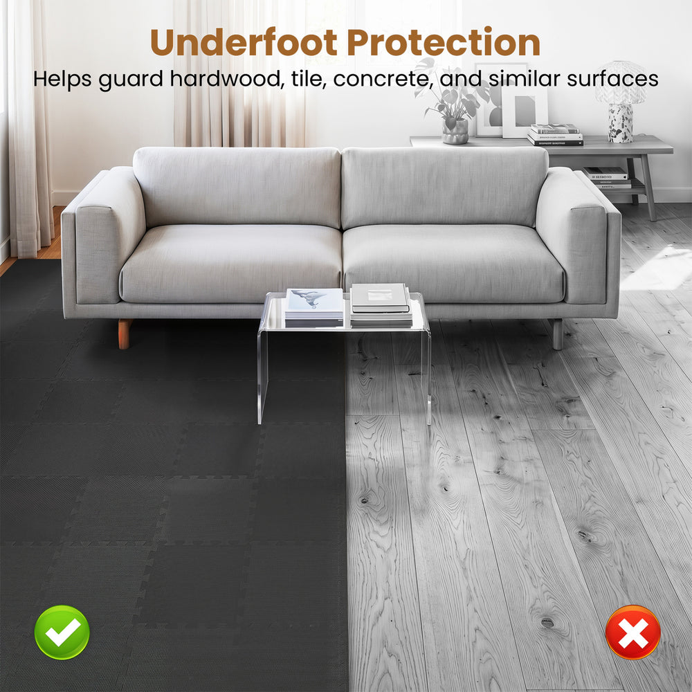 High-density black EVA foam floor tiles provide non-slip protection and comfort for home gym and living room surfaces.