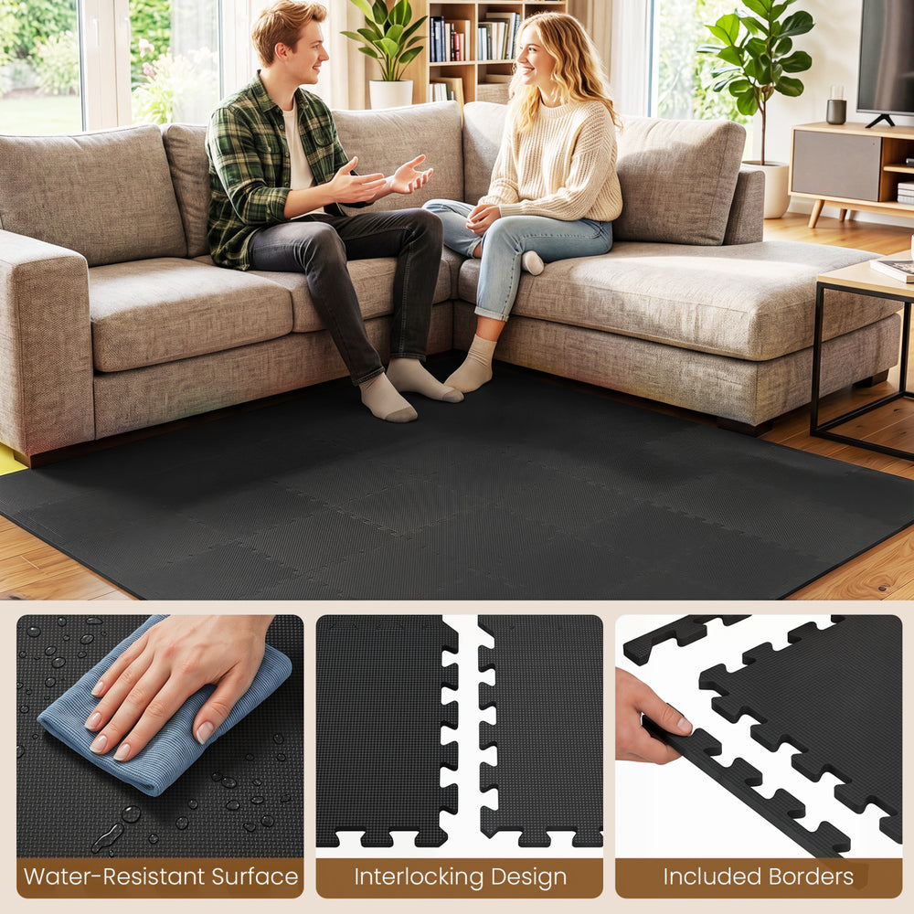 EVA foam floor tiles in black feature a non-slip surface and interlocking design, ideal for home gym or living room use.