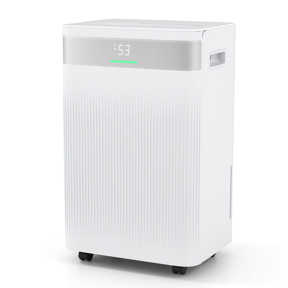 54 Pints dehumidifier in white with smart touch control, 3 modes, and 2 fan speeds for efficient home humidity control.