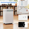54 pints dehumidifier in white with visible water level, removable filter, and universal wheels for easy mobility.