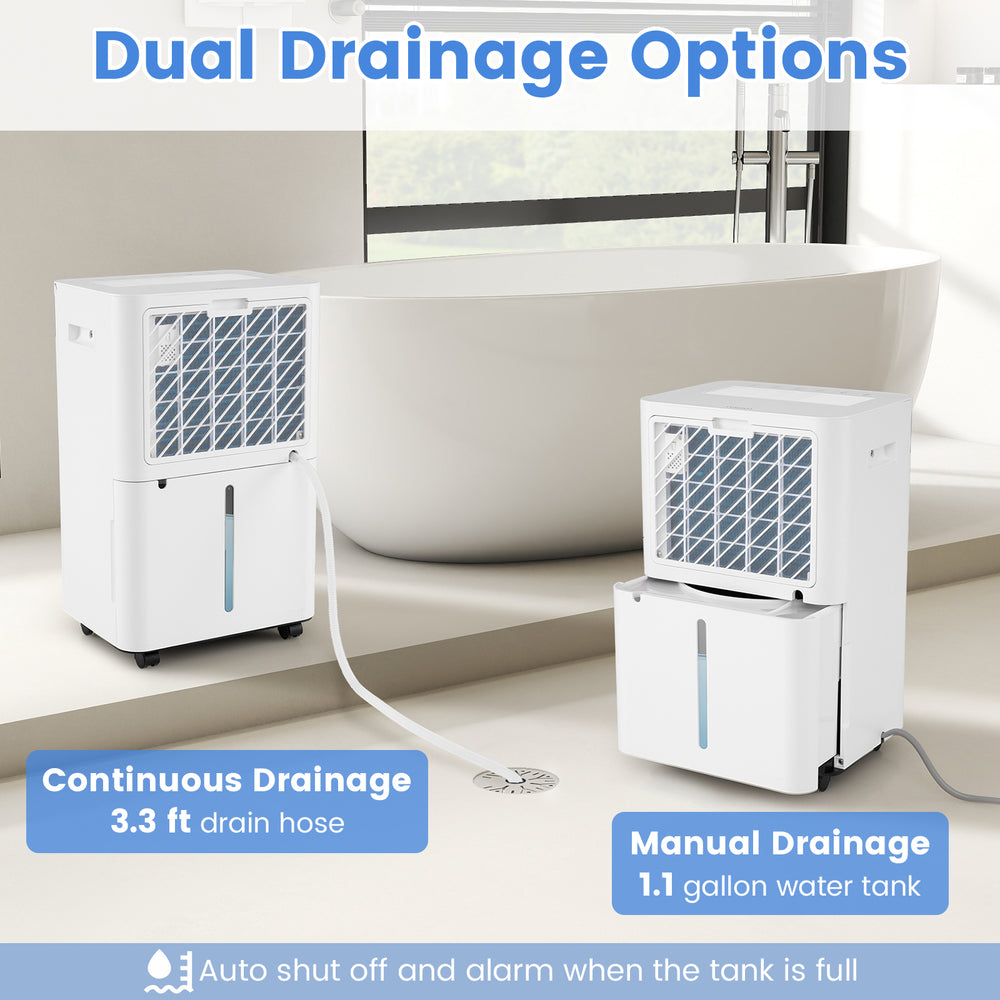 54 Pints dehumidifier with continuous drainage hose and manual drainage tank, ideal for home use up to 4500 sq. ft.
