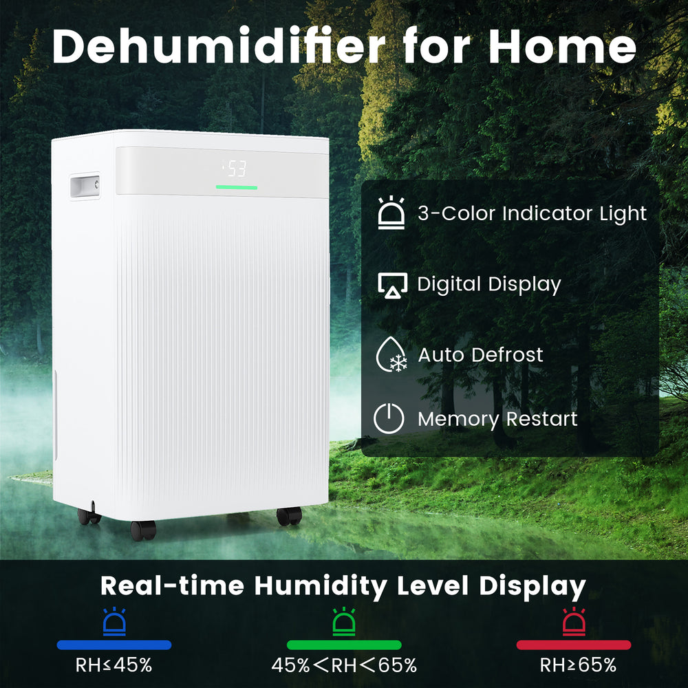 54 pints dehumidifier in white with digital display, 3 modes, and large water tank for home use up to 4500 sq. ft.