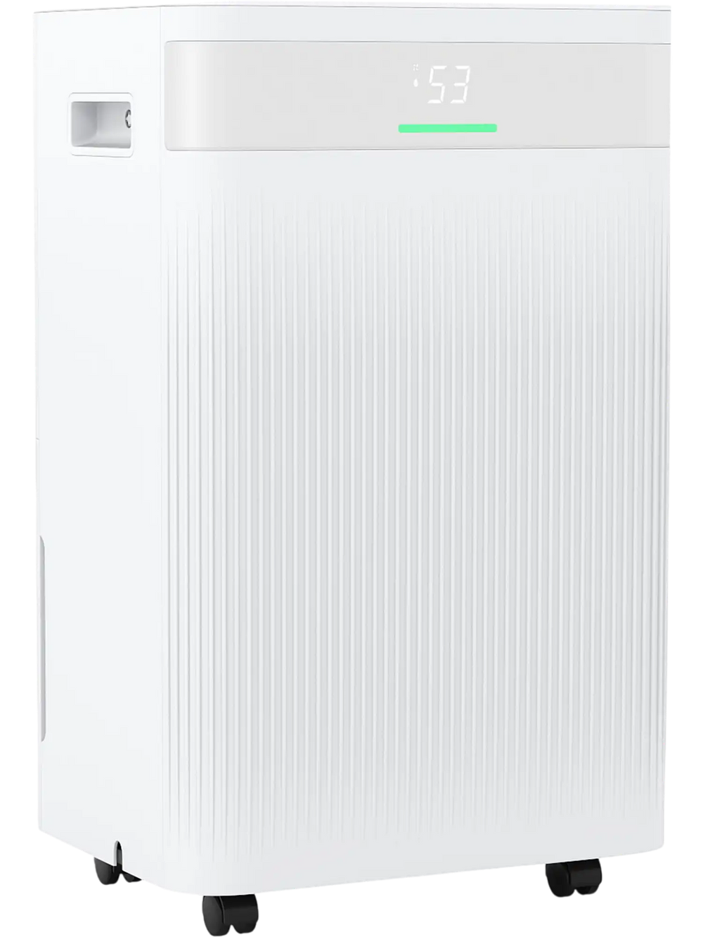54-pint dehumidifier in white with smart touch control, large tank, and wheels for easy mobility in homes up to 4500.