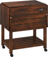 Wooden cooler cart with 54 quart capacity, lockable wheels, and drainage hole, perfect for outdoor patios and gardens.