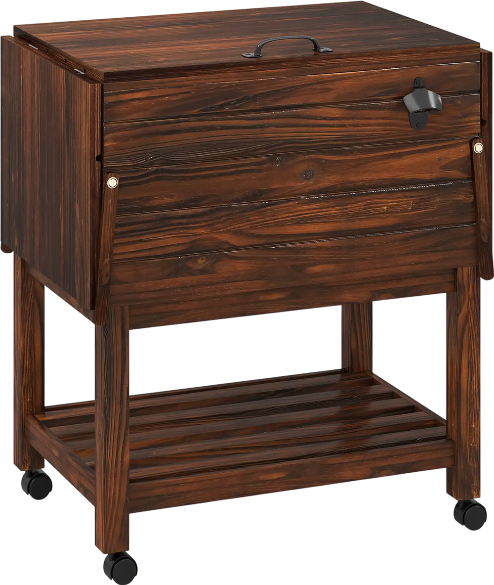 Wooden cooler cart with 54 quart capacity, lockable wheels, and drainage hole, perfect for outdoor patios and gardens.