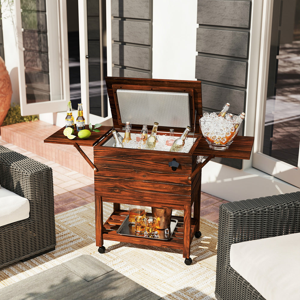 54 quart wooden cooler cart with shelves, designed for outdoor use, featuring a lid, wheels, and bottle opener.