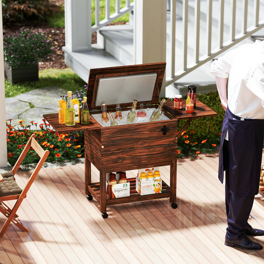 Wooden cooler cart with lid open, showcasing 54 quart capacity for outdoor use, featuring shelves and lockable wheels.
