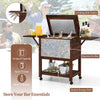 Wooden cooler cart with 54 quart capacity, featuring folding side tables and lockable wheels for outdoor use.