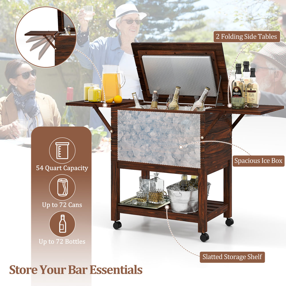 Wooden cooler cart with 54 quart capacity, featuring folding side tables and lockable wheels for outdoor use.