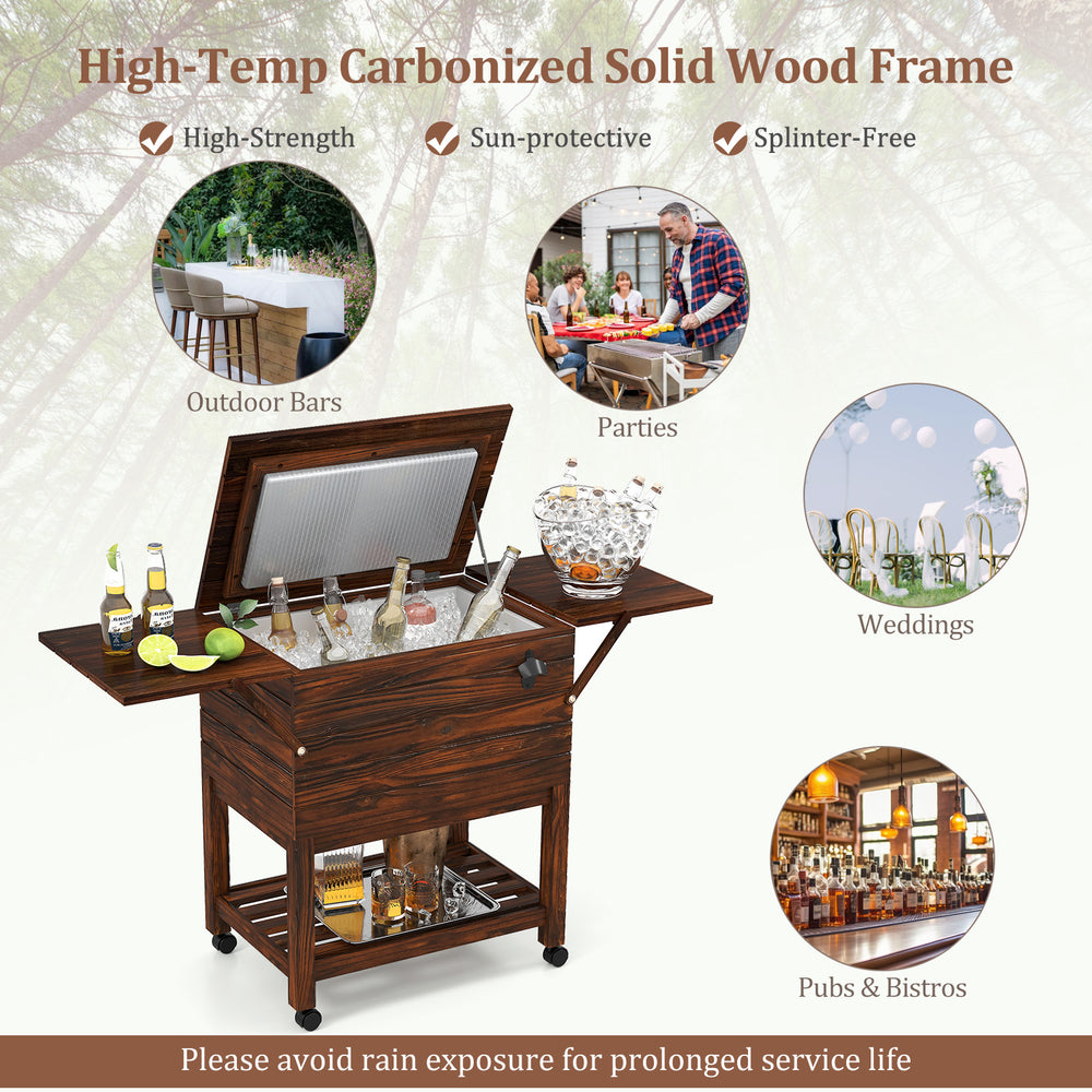 54 quart wooden cooler cart with shelves, weather-resistant wood, ideal for outdoor parties and events.